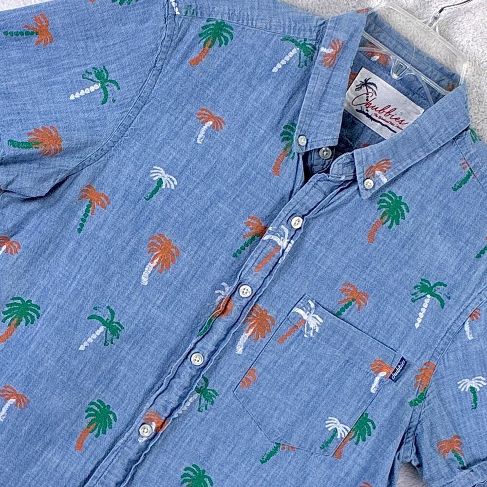 Chubbies Camp Shirt Mens S Blue Chambray Palm AOP Preppy Beach Surf Pool